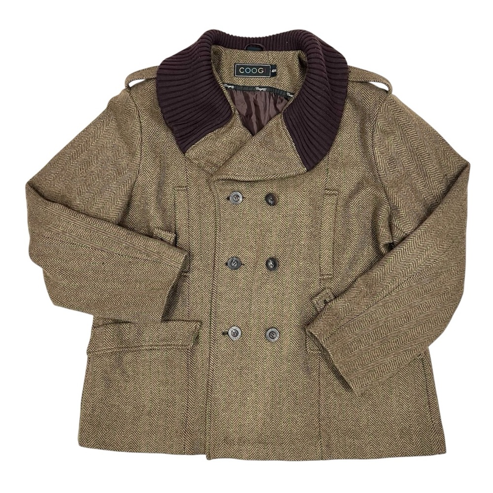 Vintage Coogi Herringbone Wool Blend Double Breasted Military Button Pea Coat
